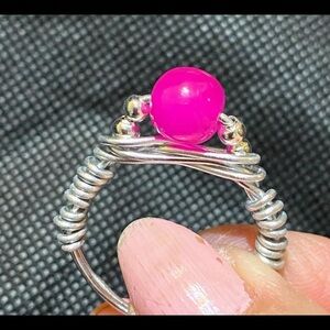 Handcrafted Silver Wire Ring with Hot Pink Bead size 10 1/2